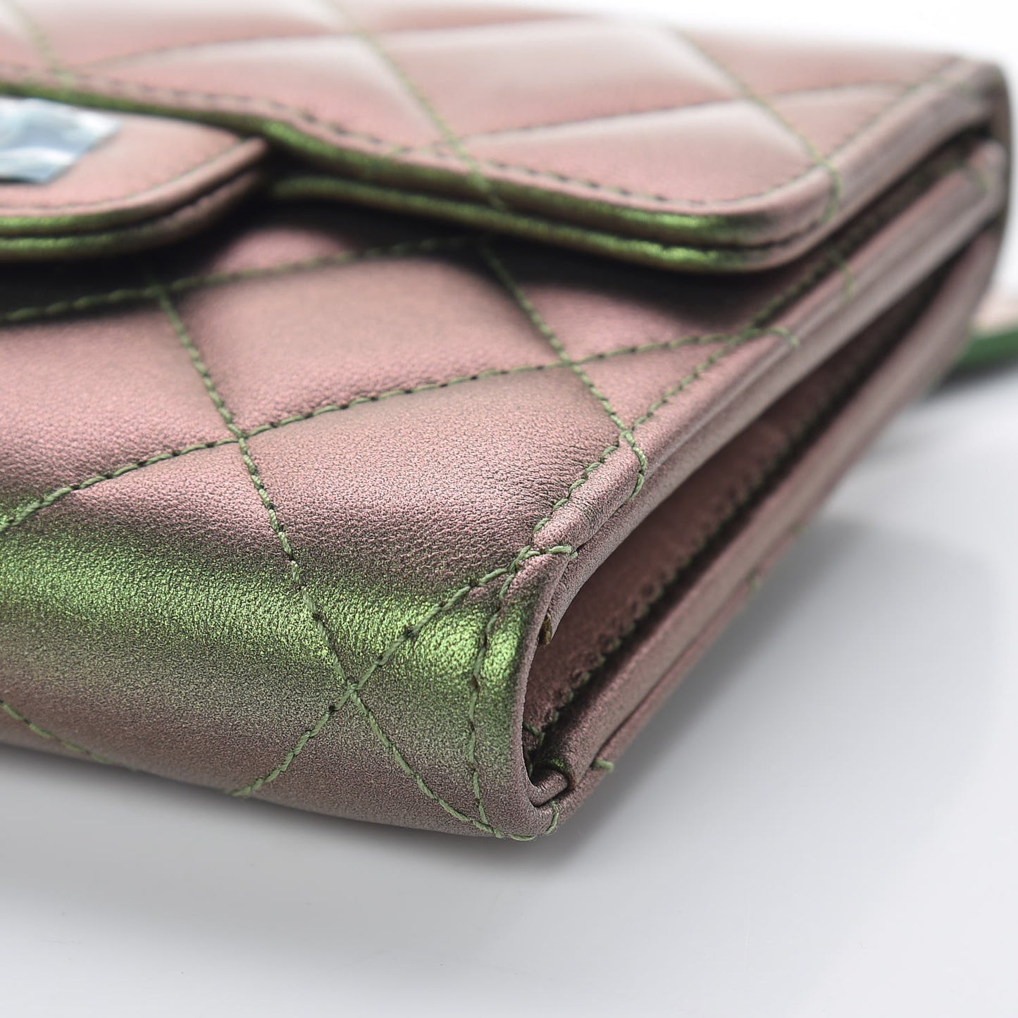 Iridescent Lambskin Quilted Small Compact Wallet Green