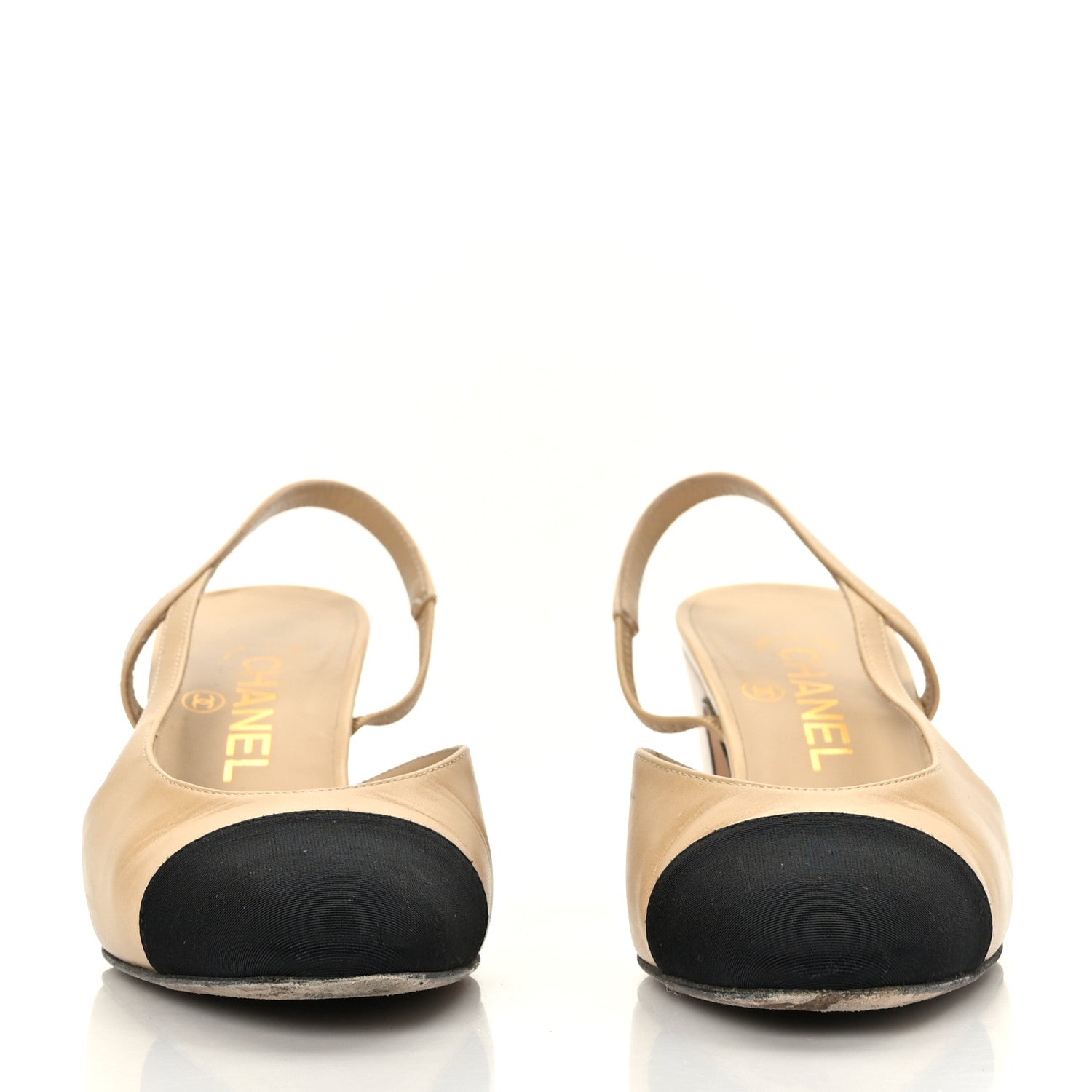 Chanel Goatskin Grosgrain Cap Toe CC Slingback Pumps 37 Beige Black 2 of 11