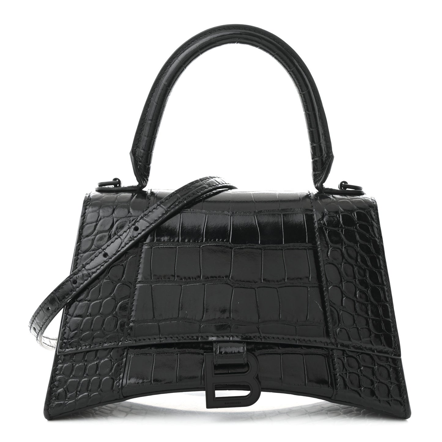 Shiny Calfskin Monochrome Crocodile Embossed Small Hourglass Top Handle Bag Black