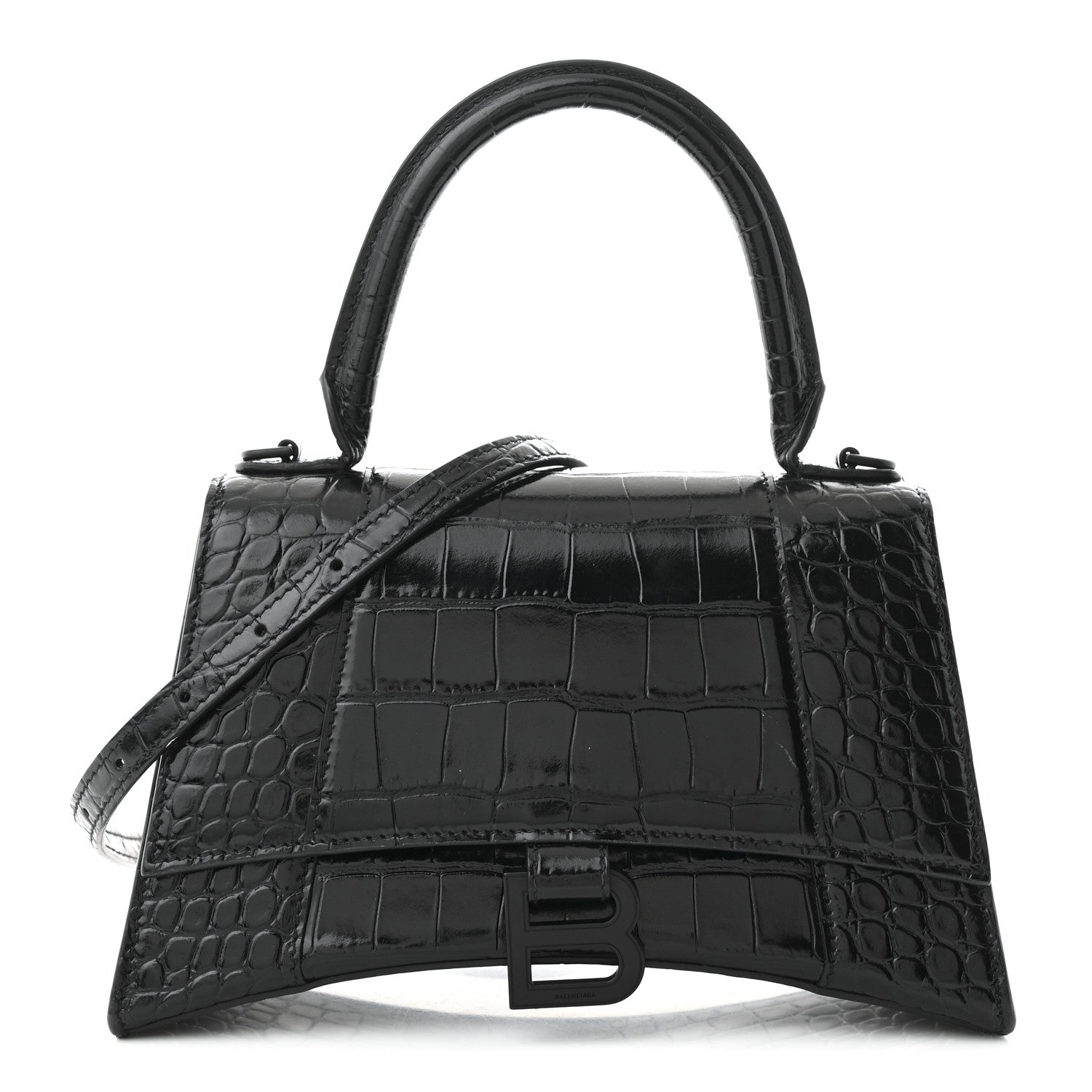 Balenciaga Shiny Calfskin Monochrome Crocodile Embossed Small Hourglass Top Handle Bag Black 1 of 10