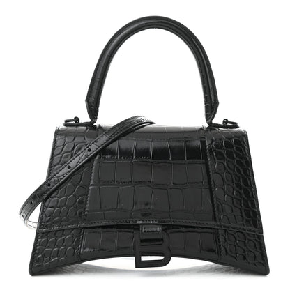 Balenciaga Shiny Calfskin Monochrome Crocodile Embossed Small Hourglass Top Handle Bag Black 1 of 10