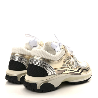 Chanel Fabric Laminated Calfskin Stretch CC Womens Sneakers 38.5 White Gold Silver 4 of 10