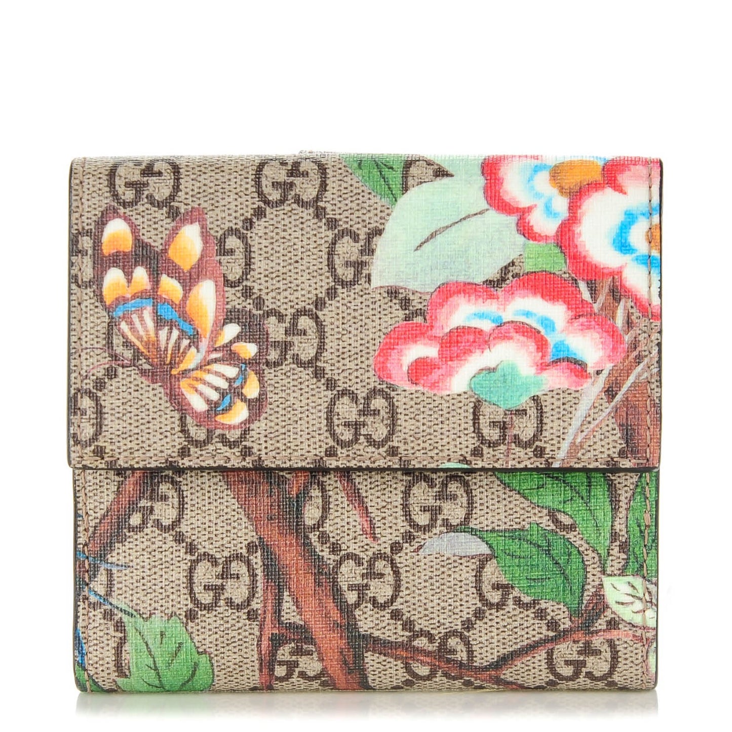 GG Supreme Monogram Tian French Flap Wallet Beige Multicolor Red
