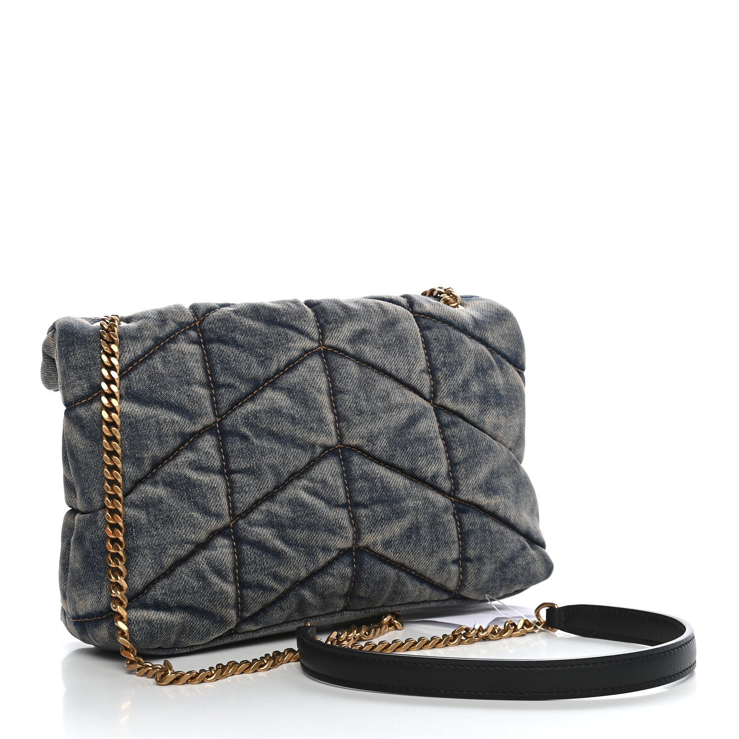 Saint Laurent Denim Quilted Toy Loulou Puffer Monogram Chain Satchel Blue Black 3 of 9