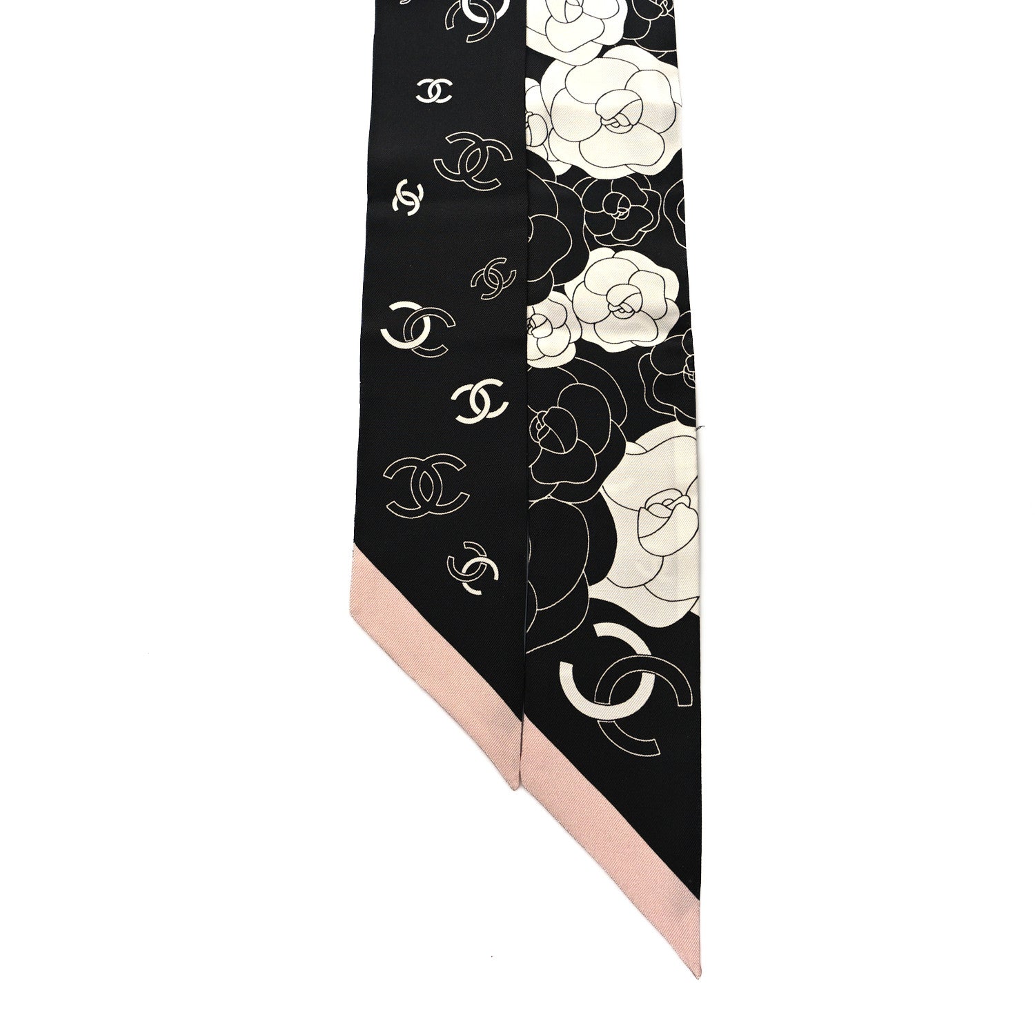 Chanel Silk Slim Camellia CC Bandeau Scarf Black White Pink 2 of 3