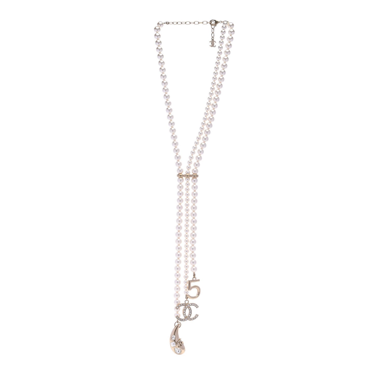 Pearl Beaded CC Charm Drop Multi Strand Lariat Necklace Pearly White Gold