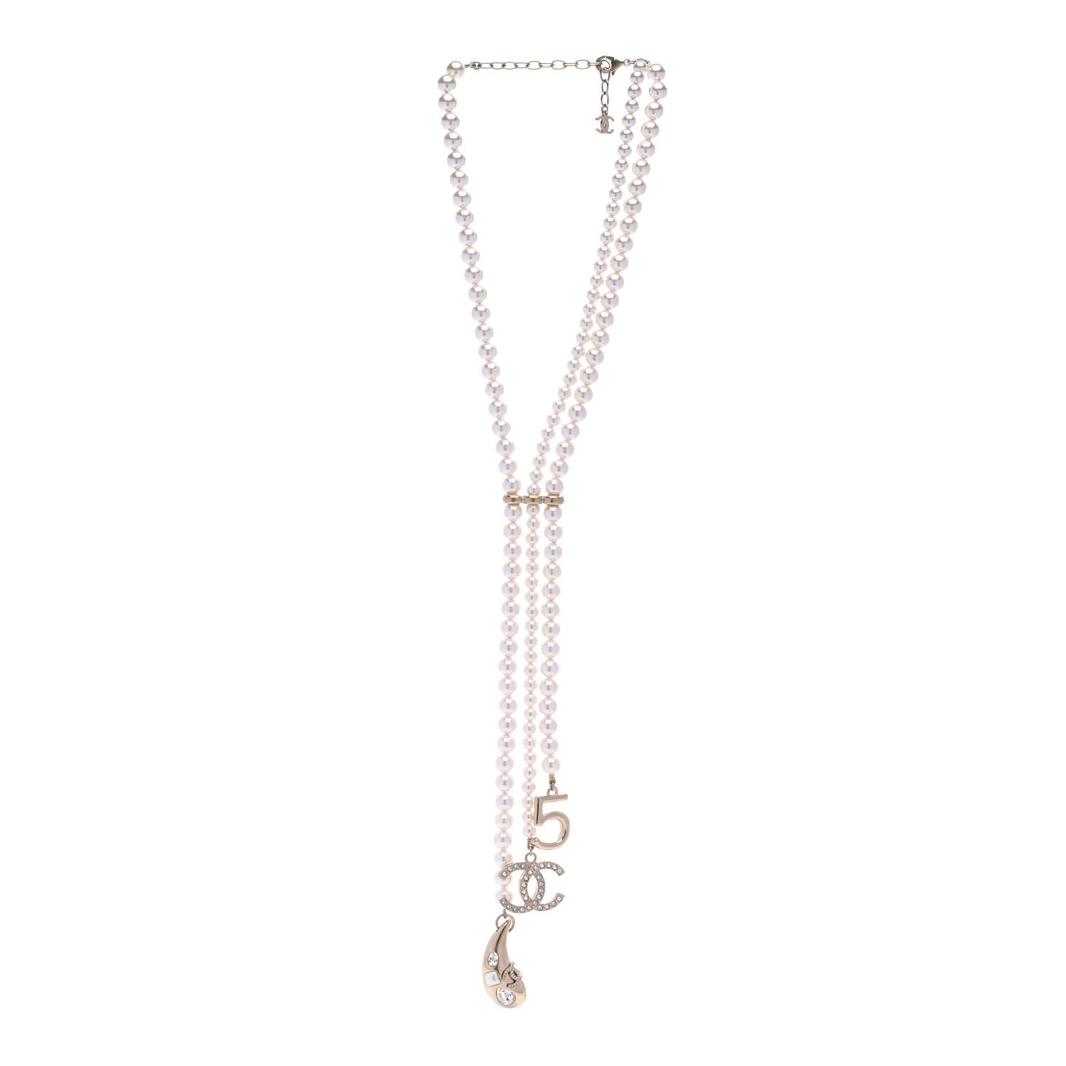 Chanel Pearl Beaded CC Charm Drop Multi Strand Lariat Necklace Pearly White Gold 3 of 6