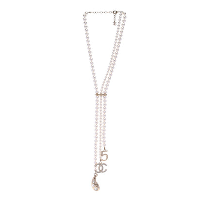 Chanel Pearl Beaded CC Charm Drop Multi Strand Lariat Necklace Pearly White Gold 3 of 6