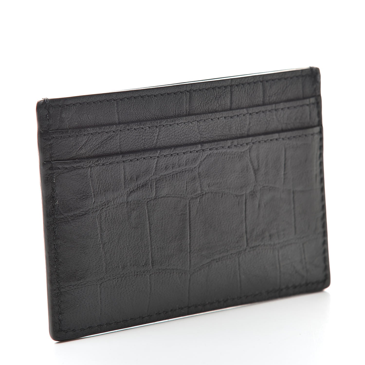 Saint Laurent Calfskin Crocodile Embossed Monogram Credit Card Case Black 3 of 8
