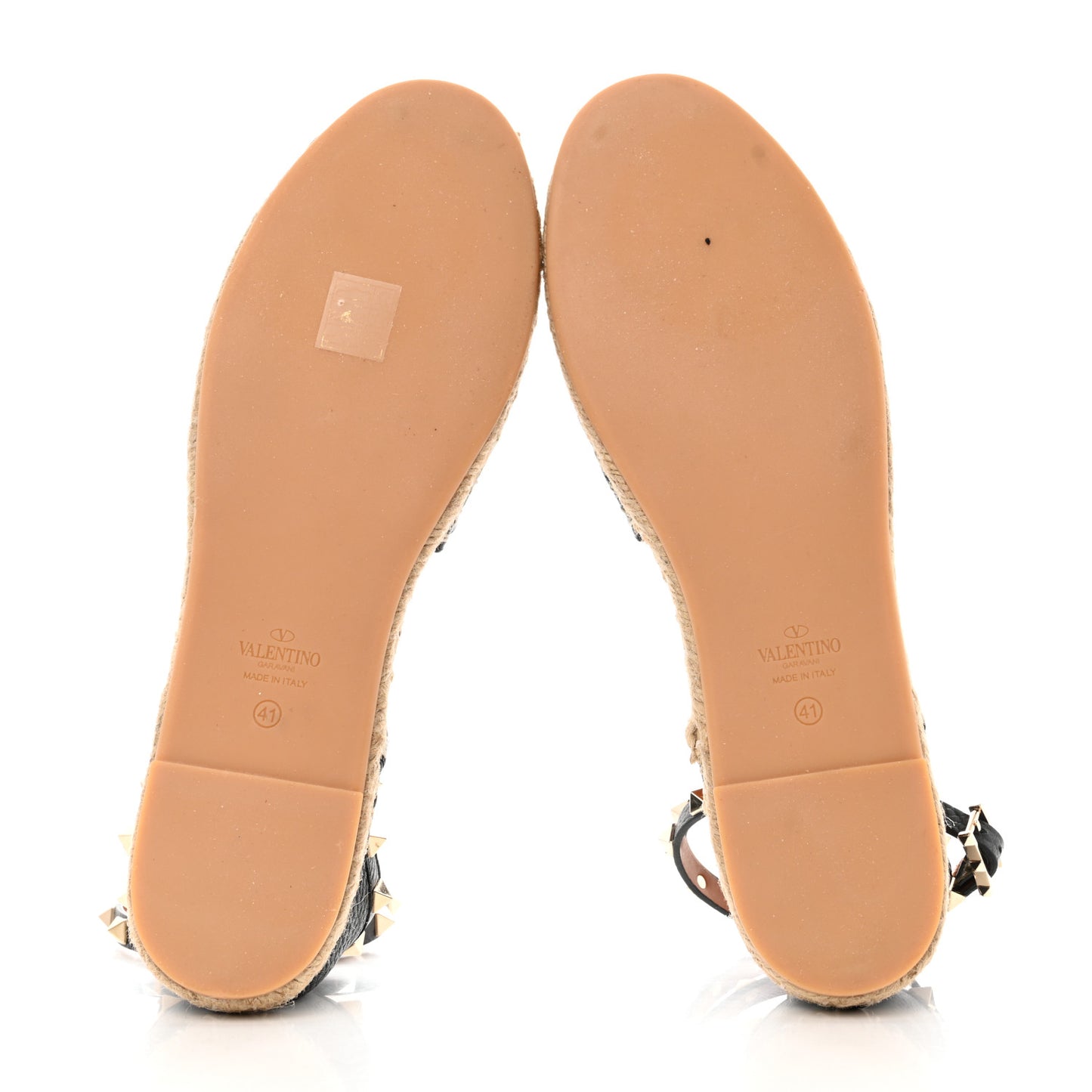 Grained Calfskin Rockstud Ankle Wrap Espadrille 20mm Flats 41 Black Light Cuir Natural
