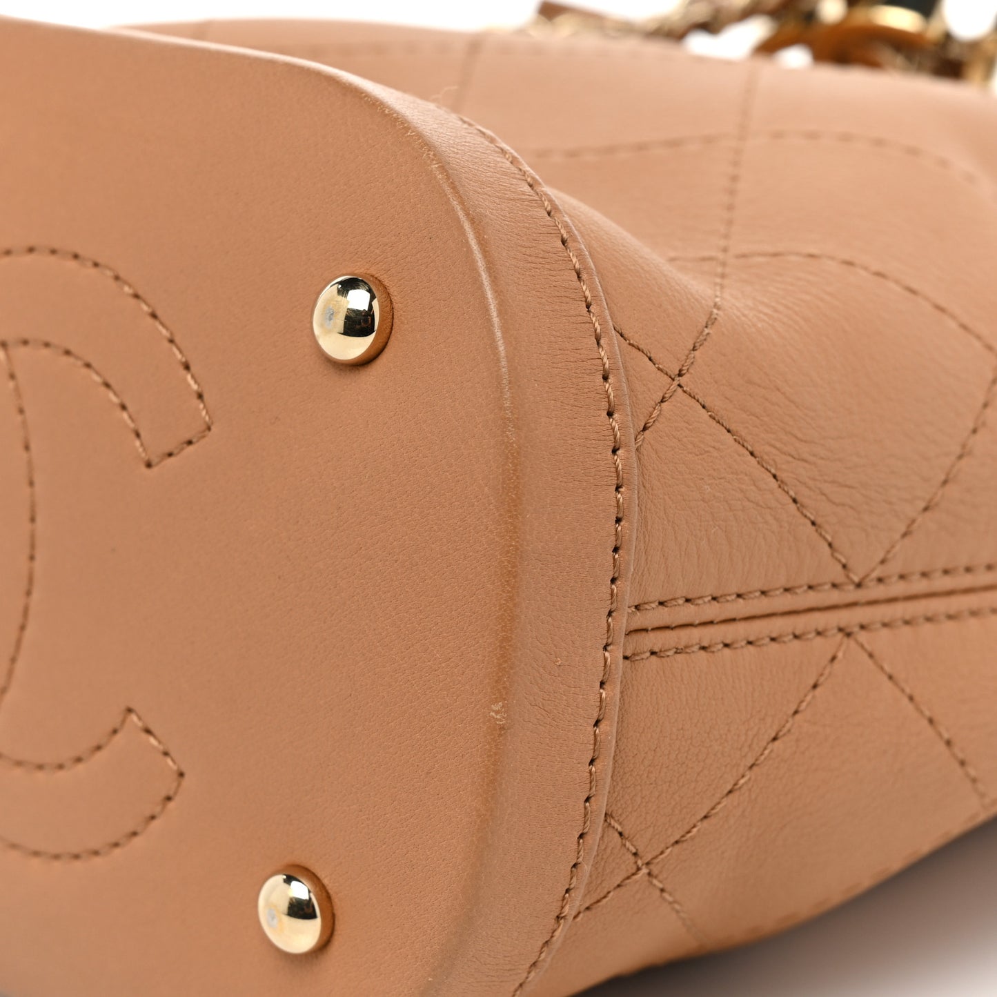 Calfskin Stitched Chain Bucket Bag Camel