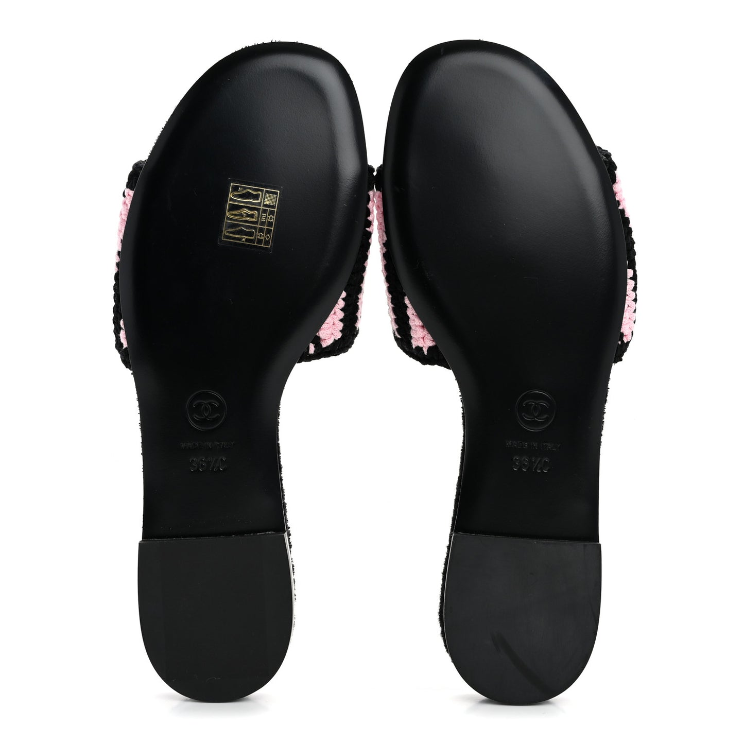 Crochet Striped Enamel Camellia Mules Sandals 36.5 Pink Black