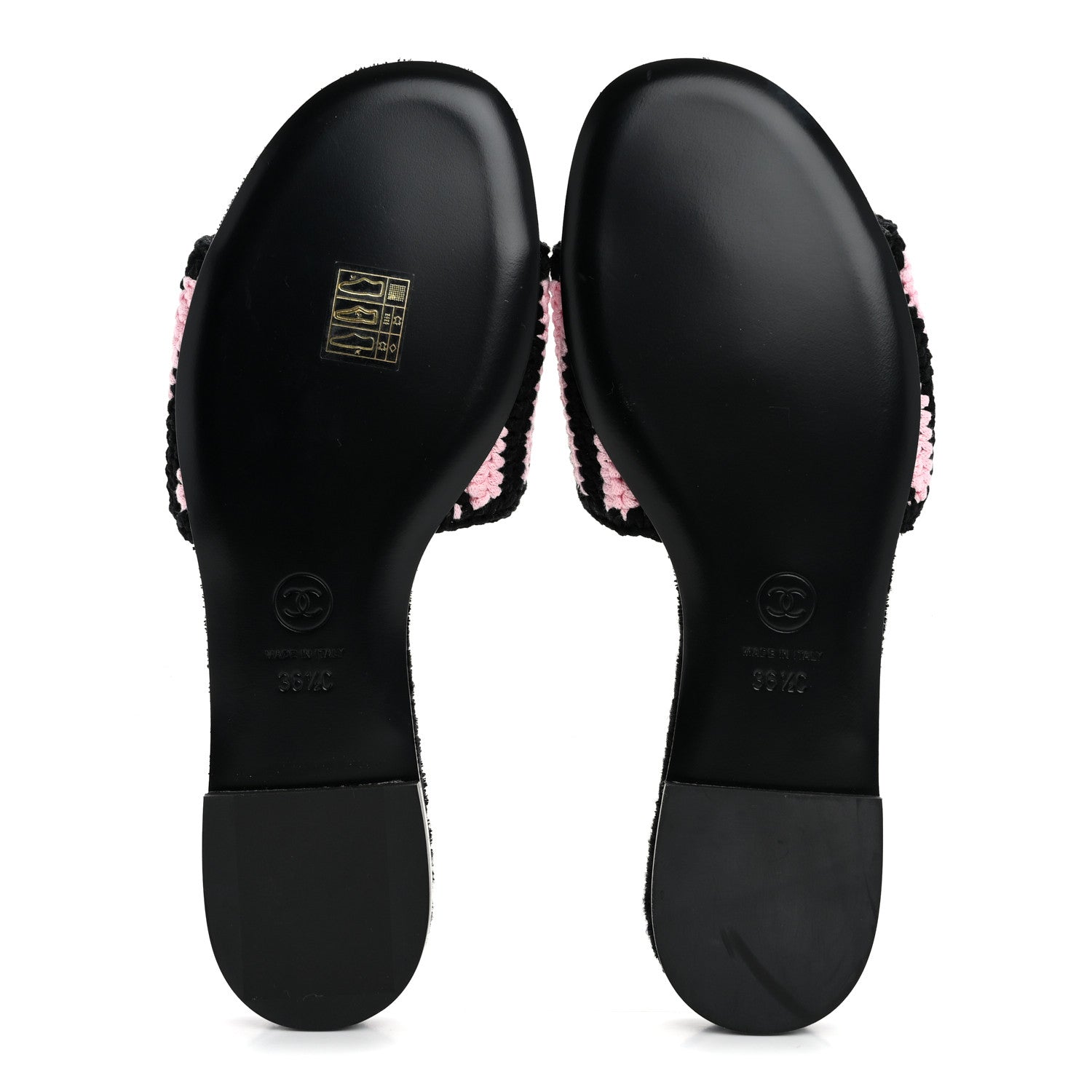Chanel Crochet Striped Enamel Camellia Mules Sandals 36.5 Pink Black 6 of 10
