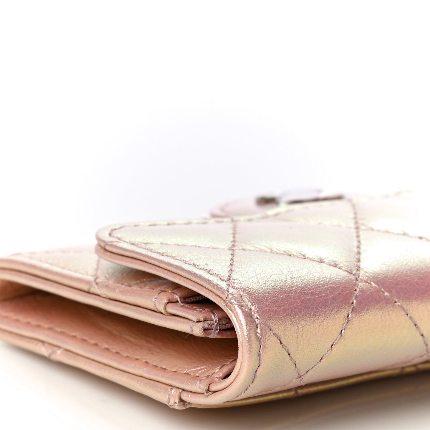 Iridescent Calfskin Quilted Flap Card Holder Wallet Pink