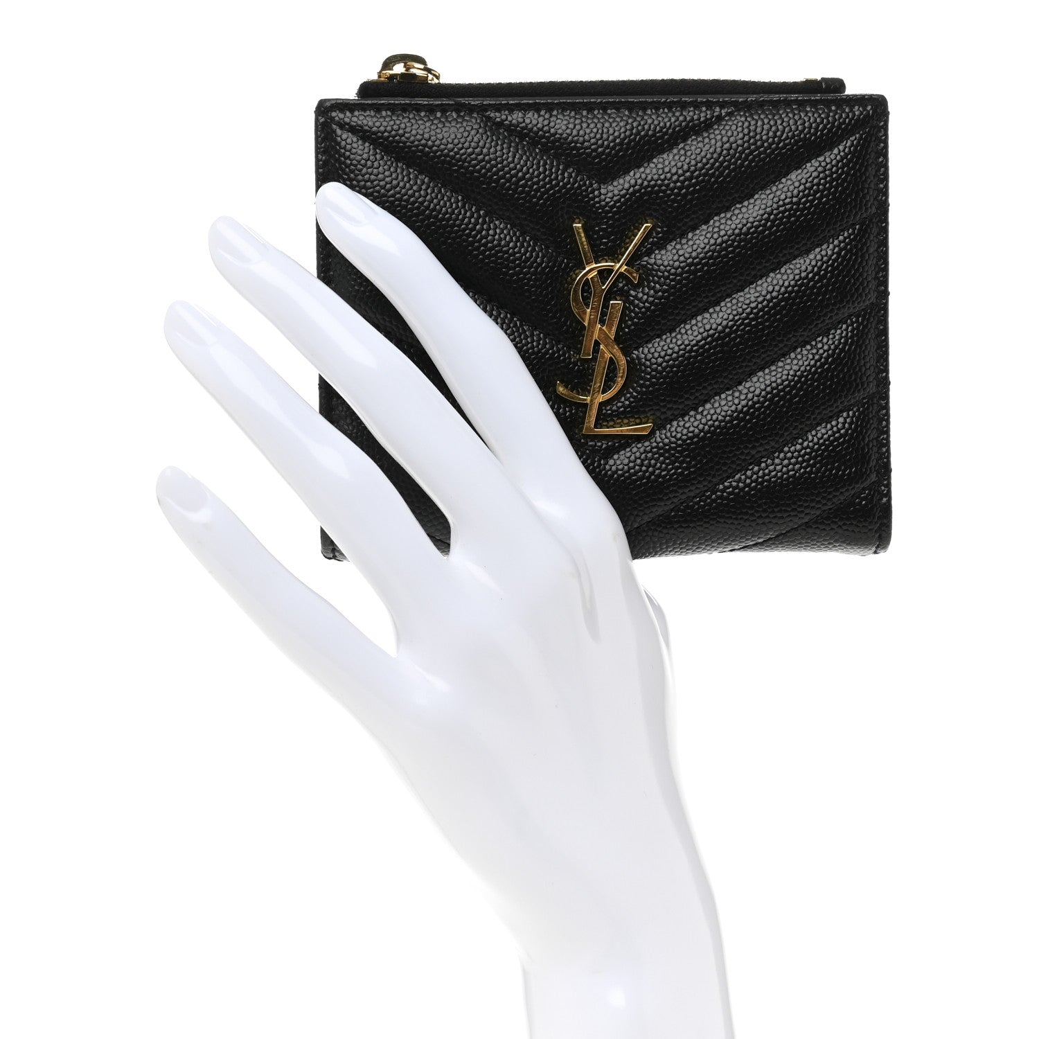Saint Laurent Grain De Poudre Matelasse Chevron Monogram Zipped Card Case Black 2 of 8