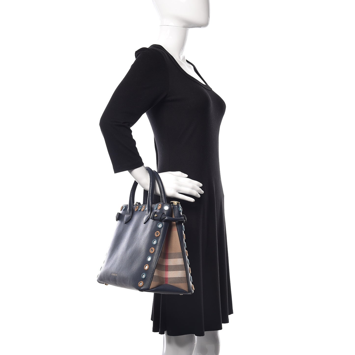 Calfskin House Check Mirror Embroidery Medium Banner Tote Blue