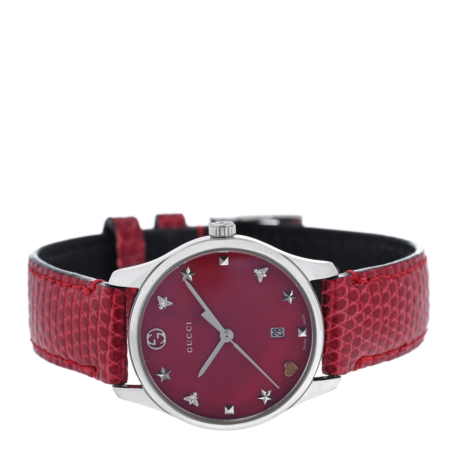 Gucci Stainless Steel Lizard Red Mother of Pearl 29mm G-Timeless Charm Quartz Watch 2 of 4