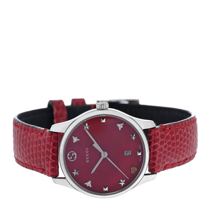 Gucci Stainless Steel Lizard Red Mother of Pearl 29mm G-Timeless Charm Quartz Watch 2 of 4