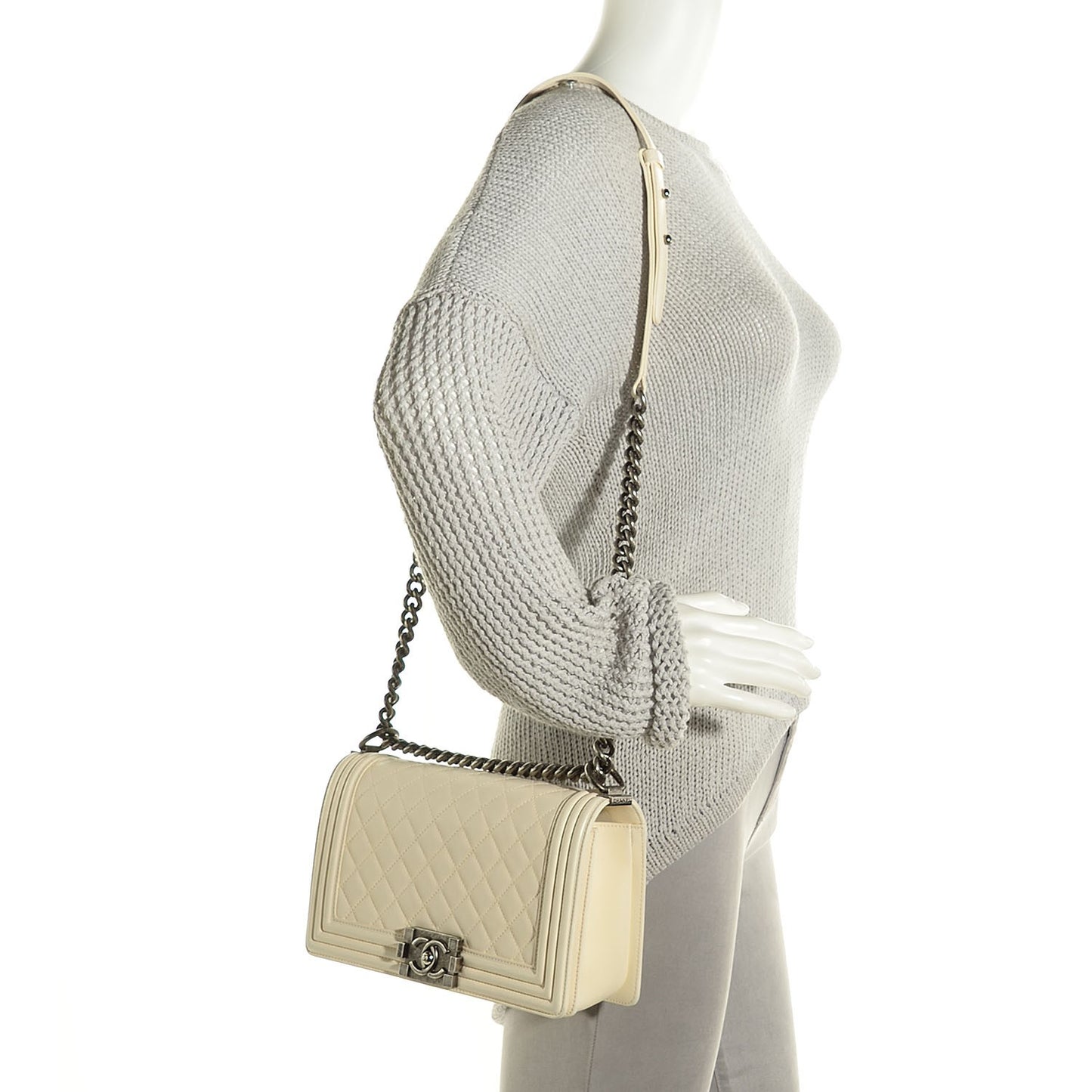 Calfskin Quilted Medium Boy Flap Light Beige