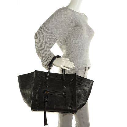 Celine Crocodile Embossed Calfskin Medium Phantom Luggage Black 2 of 7