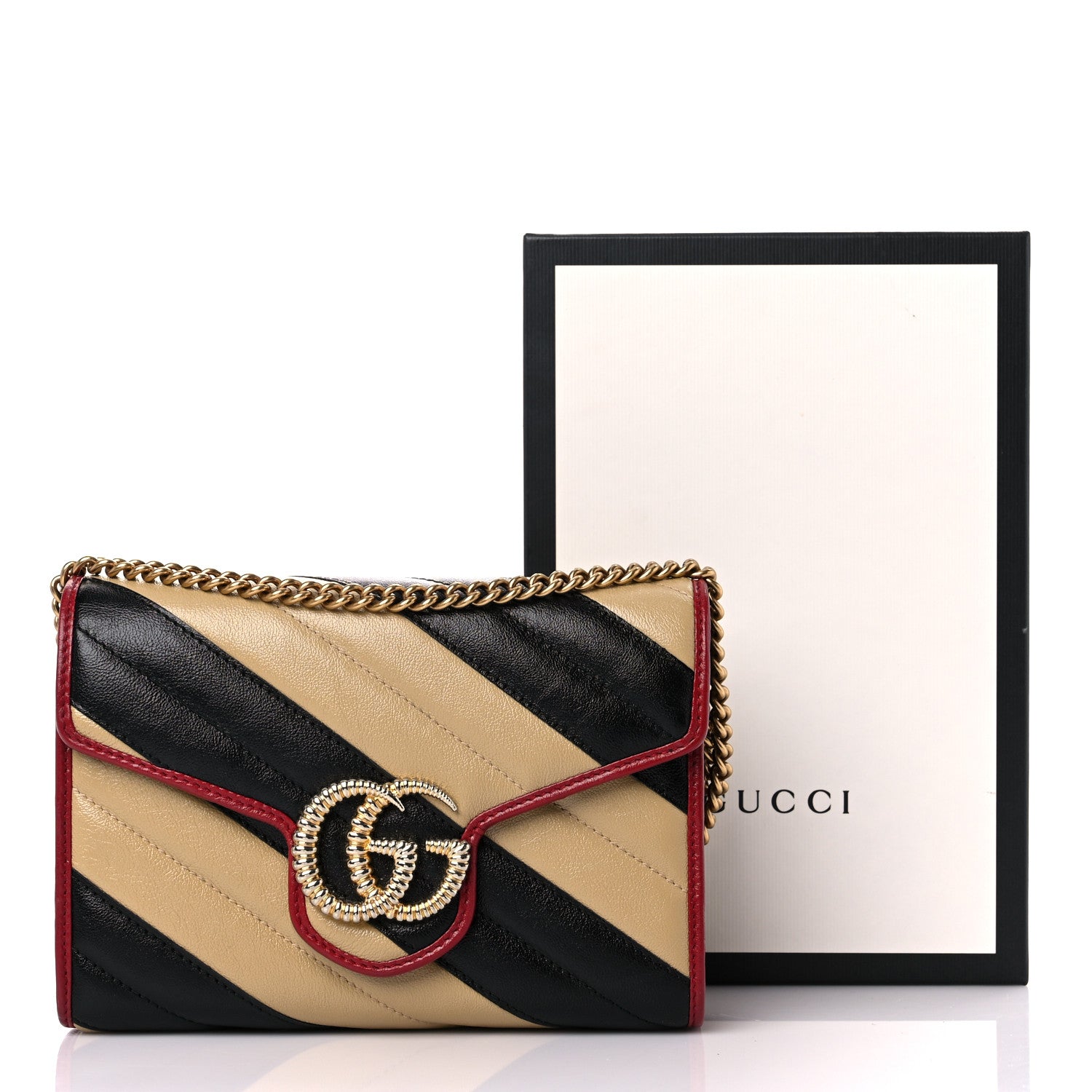Gucci Azalea Calfskin Matelasse Diagonal Patchwork Torchon GG Marmont Chain Wallet Black Beige Romantic Cerise 14 of 14