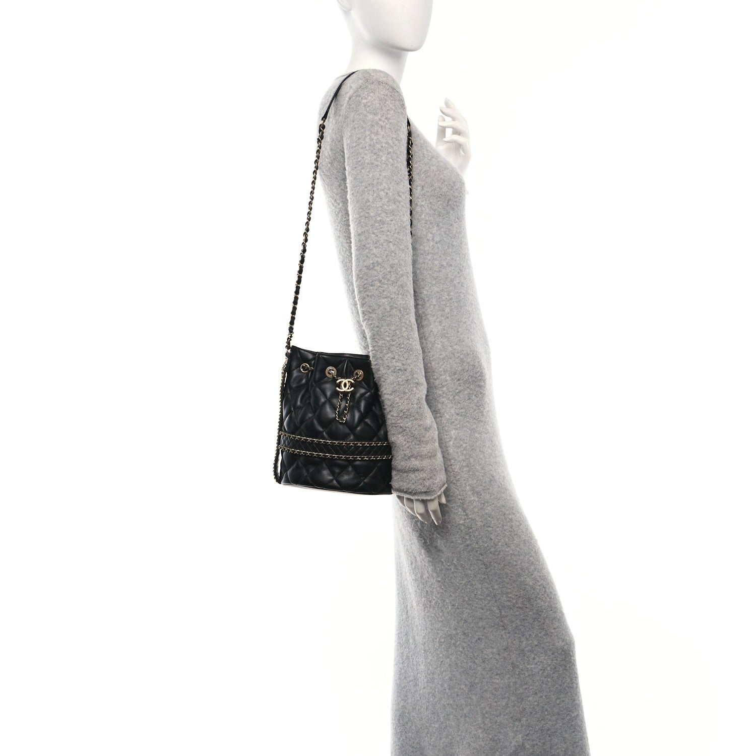 Chanel Lambskin Quilted Chain Bucket Drawstring Bag Black 2 of 10