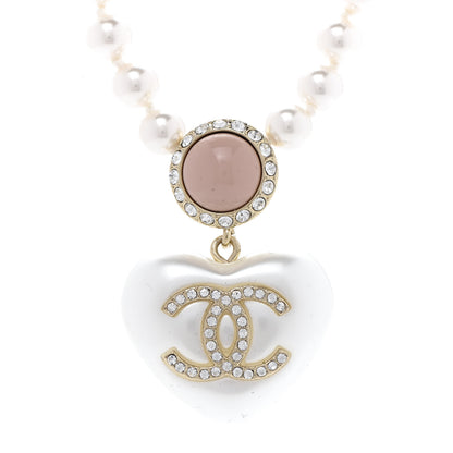 Chanel Pearl Crystal CC Heart Short Necklace Pink Gold 4 of 7