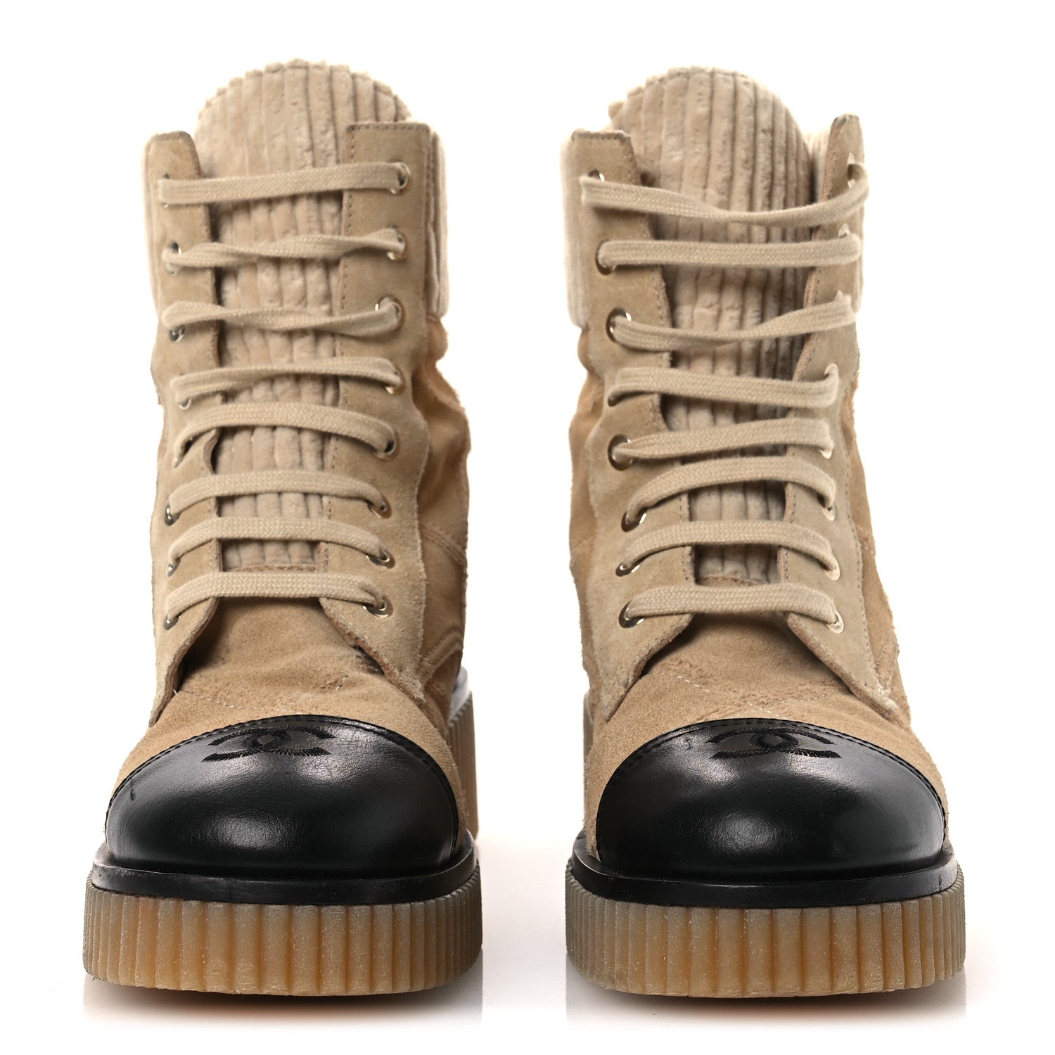 Chanel Suede Calfskin Velvet Quilted CC Combat Boots 37.5 Beige Black 3 of 14