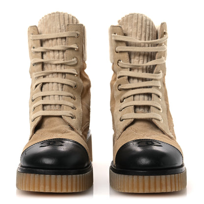Chanel Suede Calfskin Velvet Quilted CC Combat Boots 37.5 Beige Black 3 of 14