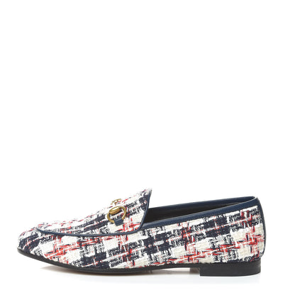 Gucci Tweed Check Horsebit Womens Jordaan Loafers 36 Gardenia Ink Blue Agata 1 of 8