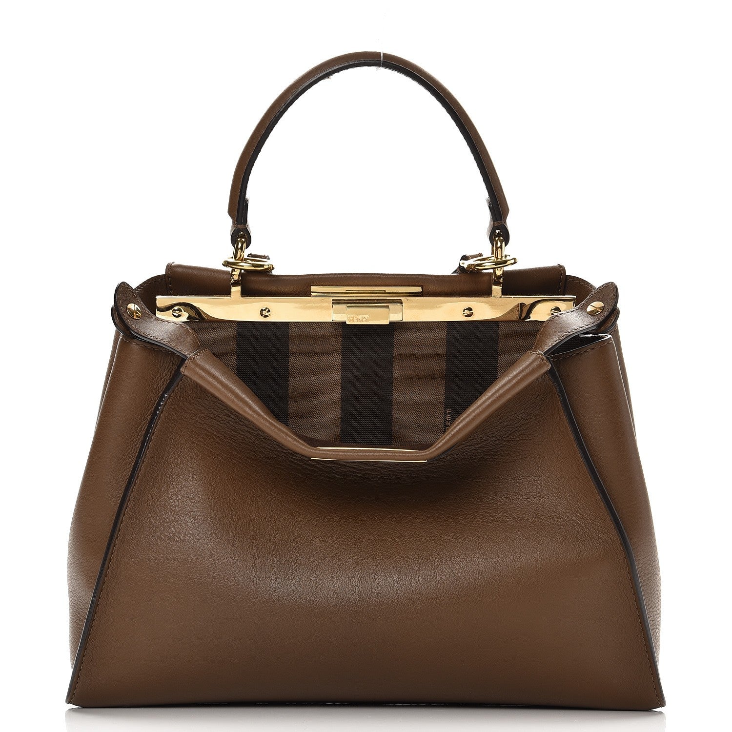 Fendi Vitello Seta Fabric Jacquard Pequin Medium Peekaboo Iconic Satchel Foresta Tobacco 1 of 9