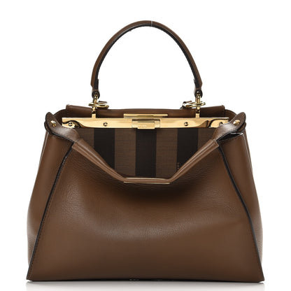 Fendi Vitello Seta Fabric Jacquard Pequin Medium Peekaboo Iconic Satchel Foresta Tobacco 1 of 9