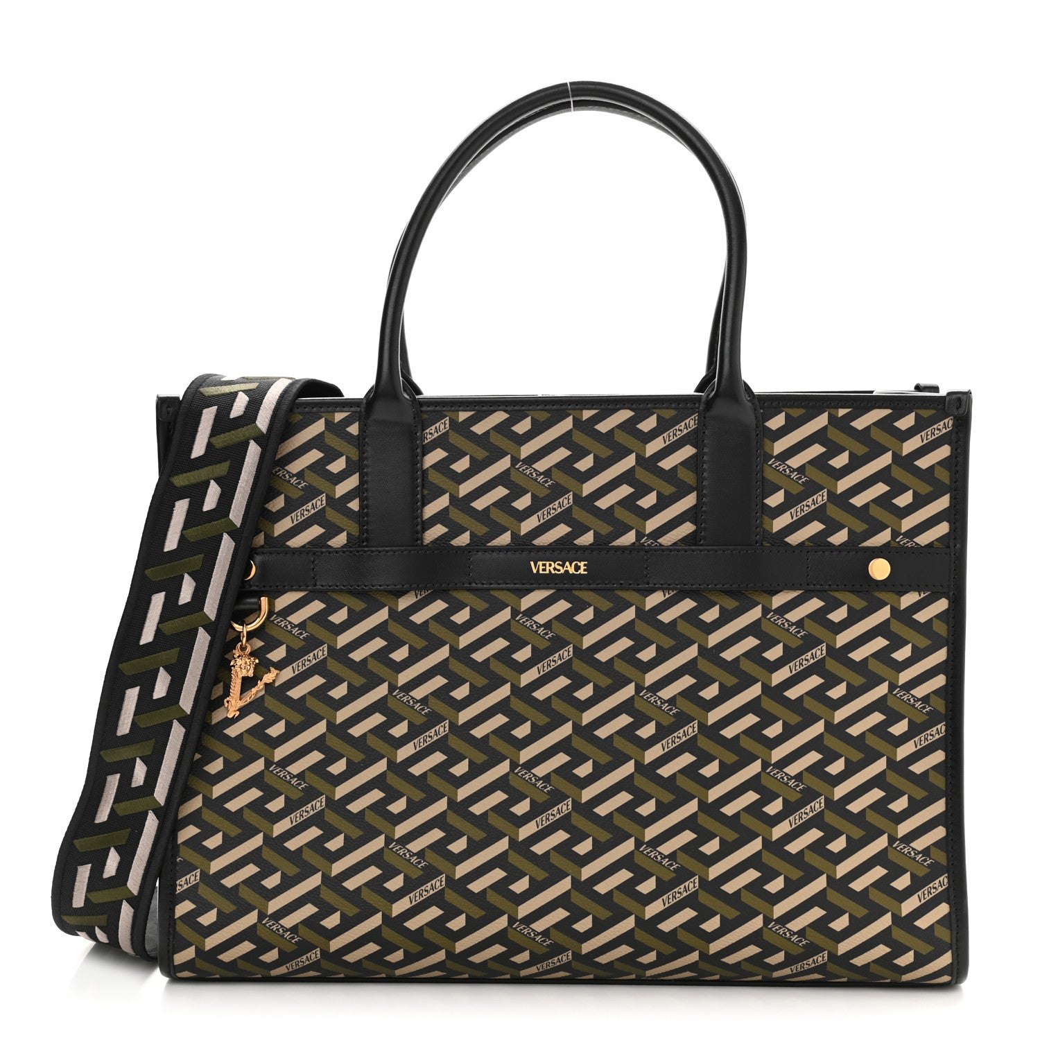 Versace Coated Canvas Calfskin La Greca Signature Tote Bag Black Khaki 1 of 10