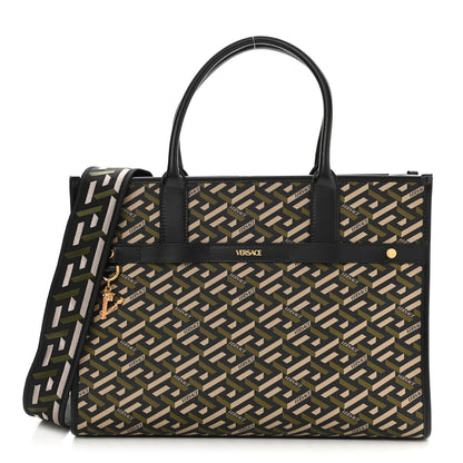Versace Coated Canvas Calfskin La Greca Signature Tote Bag Black Khaki 1 of 10