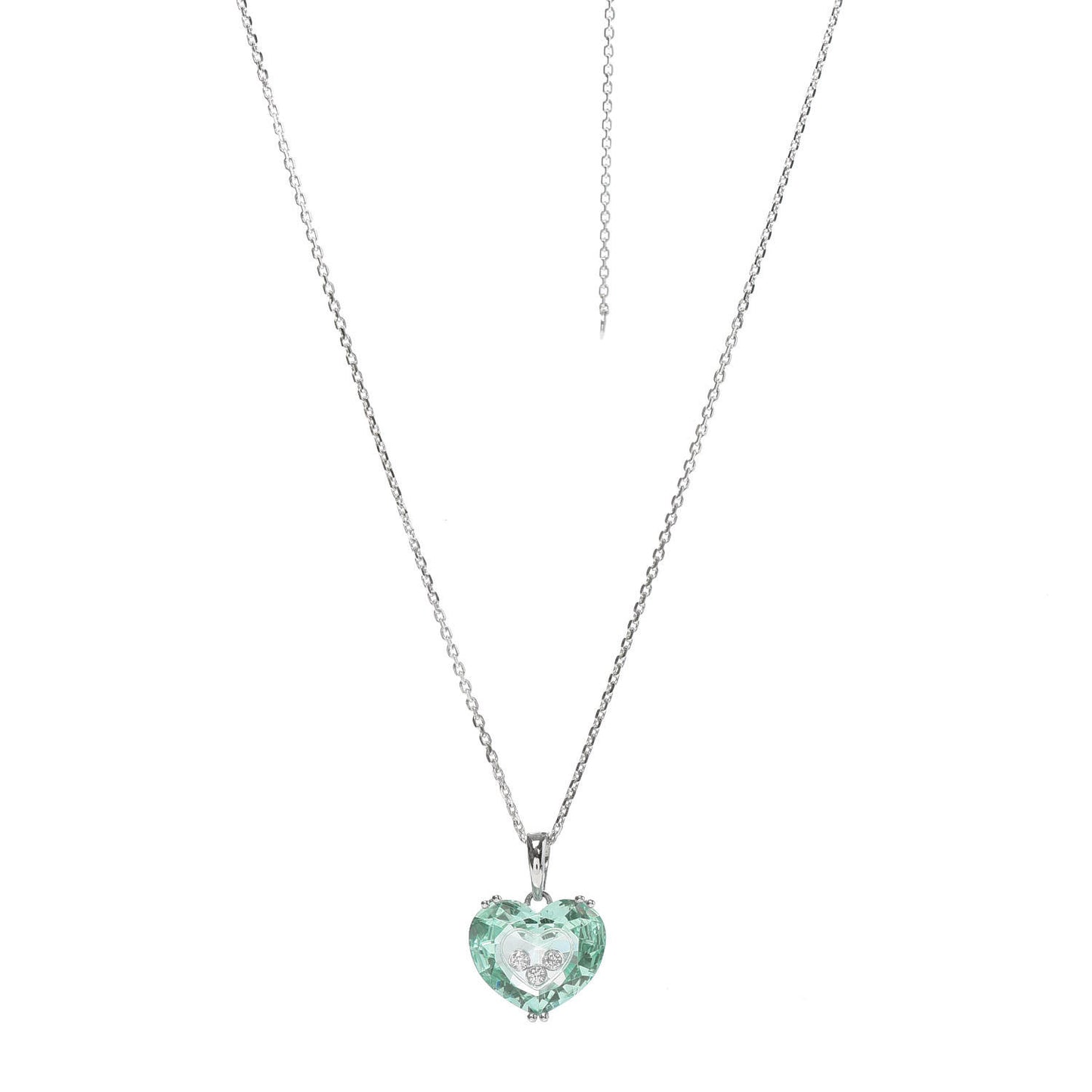 18K White Gold Diamond Crystal So Happy Heart Pendant Necklace Green