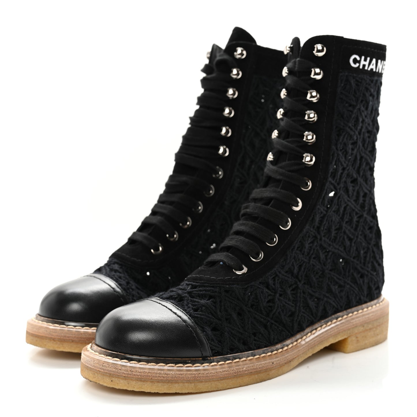 Crochet Calfskin Lace Up Boots 37 Black