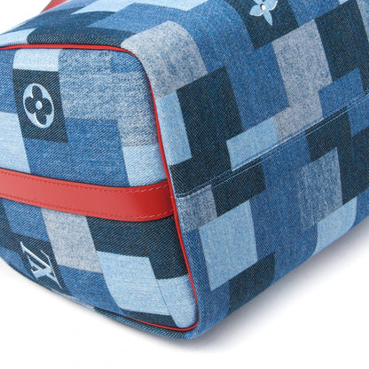 Louis Vuitton Denim Damier Monogram Patchwork Speedy Bandouliere 30 Blue Rouge 6 of 9
