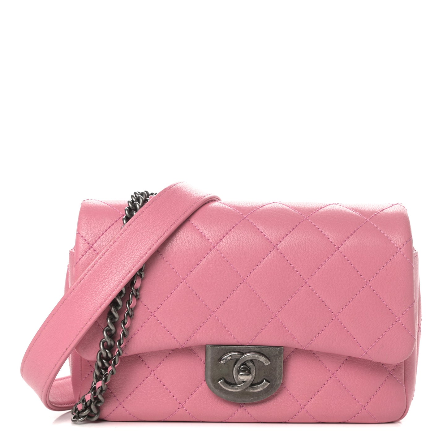 Shiny Goatskin Quilted Small Double Carry Waist Chain Flap Pink