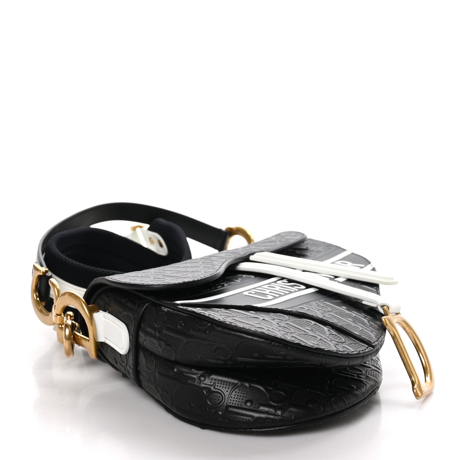 Christian Dior CHRISTIAN DIOR Calfskin Embossed Oblique Vibe Saddle Bag With Strap Black White 4 of 9