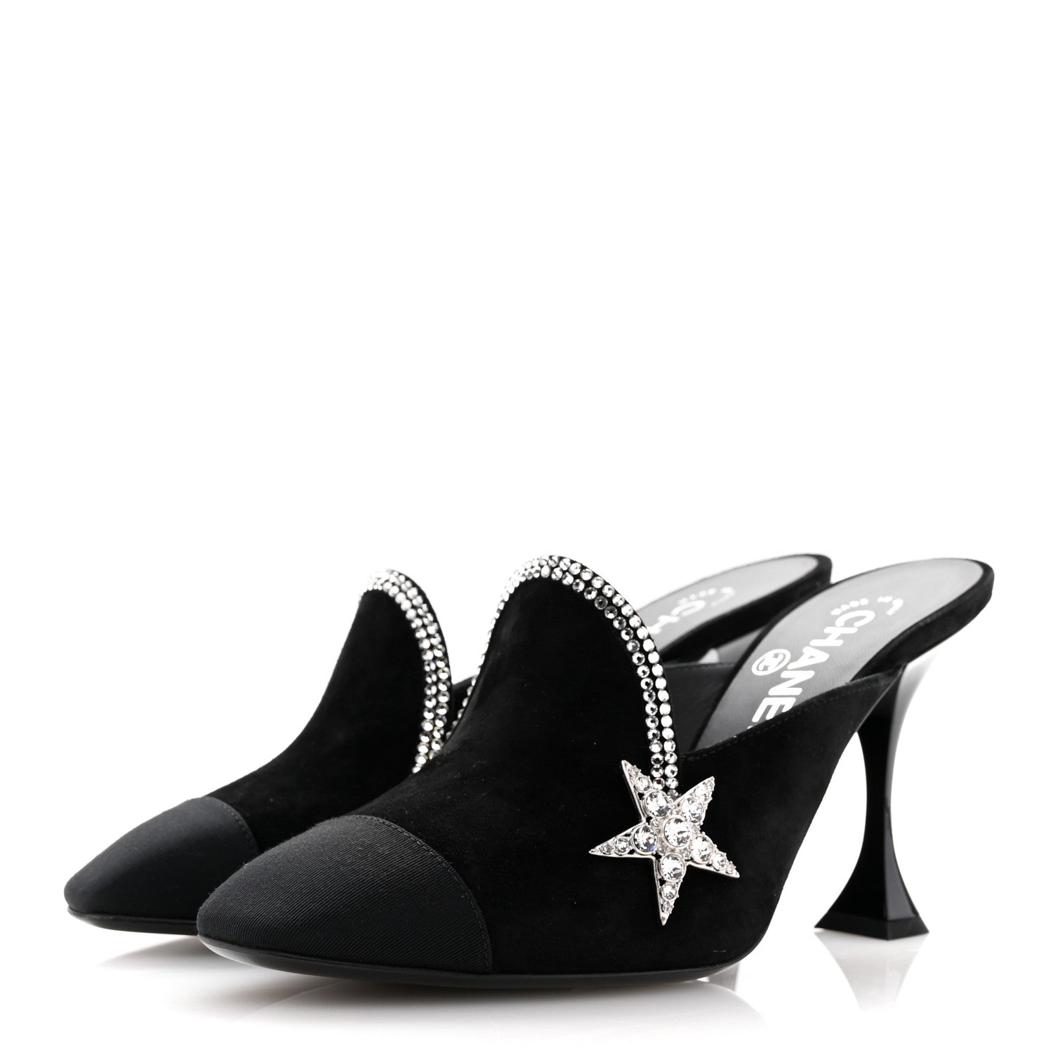 Chanel Suede Grosgrain Crystal Star Mules 37 Black 4 of 11