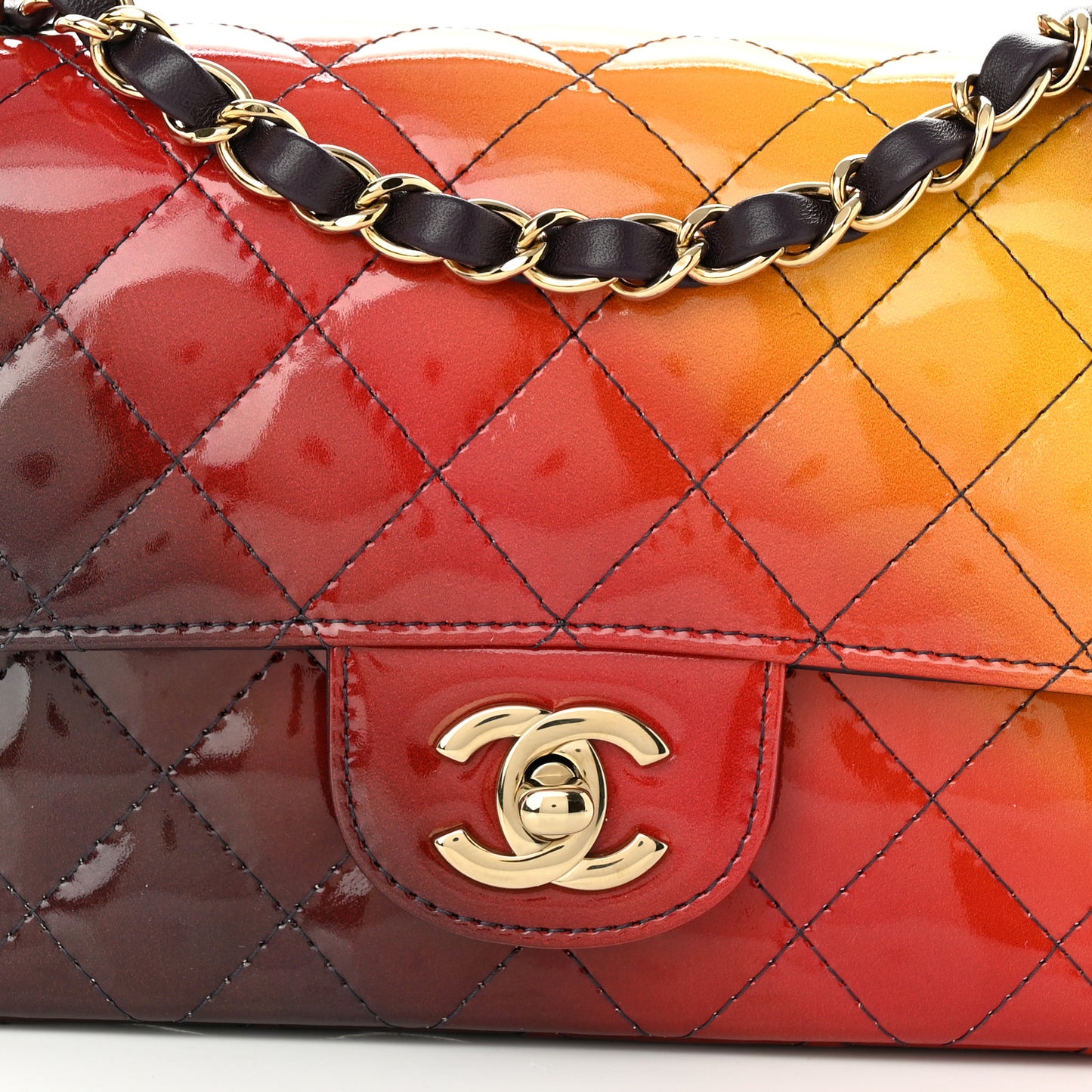 Shaded Patent Calfskin Quilted Mini Rectangular Flap Red Yellow Dark Purple