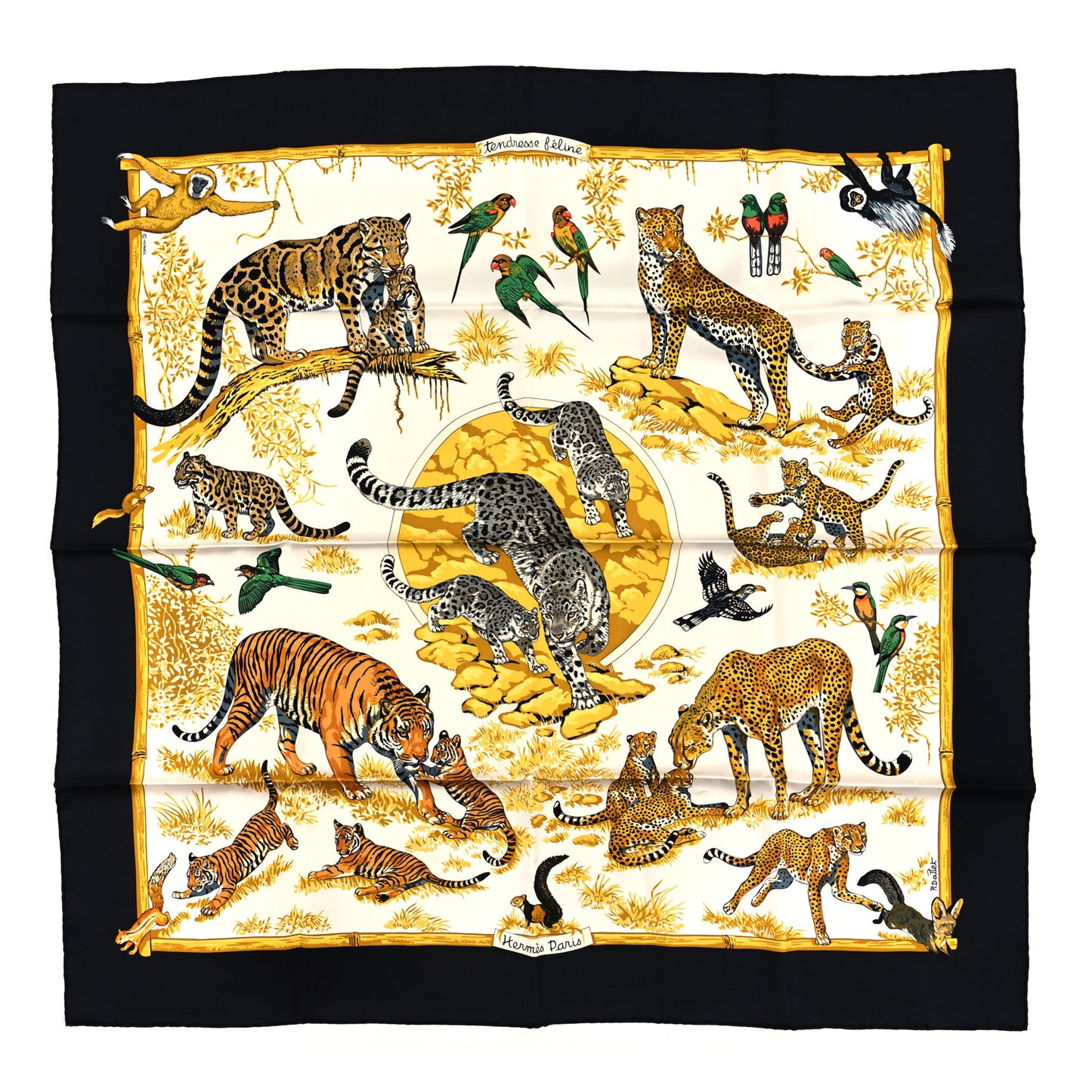 Silk Tendresse Feline Scarf 90 Black White Vieil Or