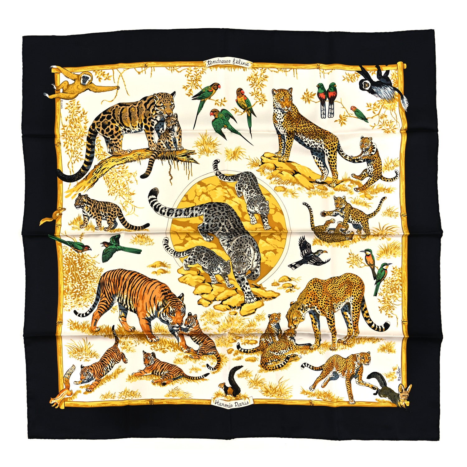 Hermes Silk Tendresse Feline Scarf 90 Black White Vieil Or 1 of 3