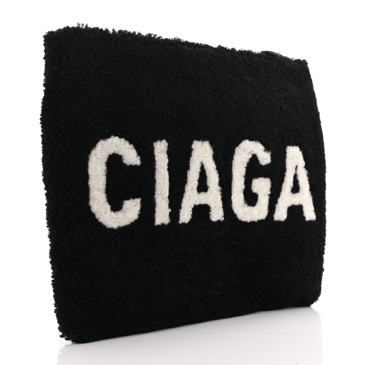 Sheepskin Shearling Contrasted Logo Large Zip Pouch Black