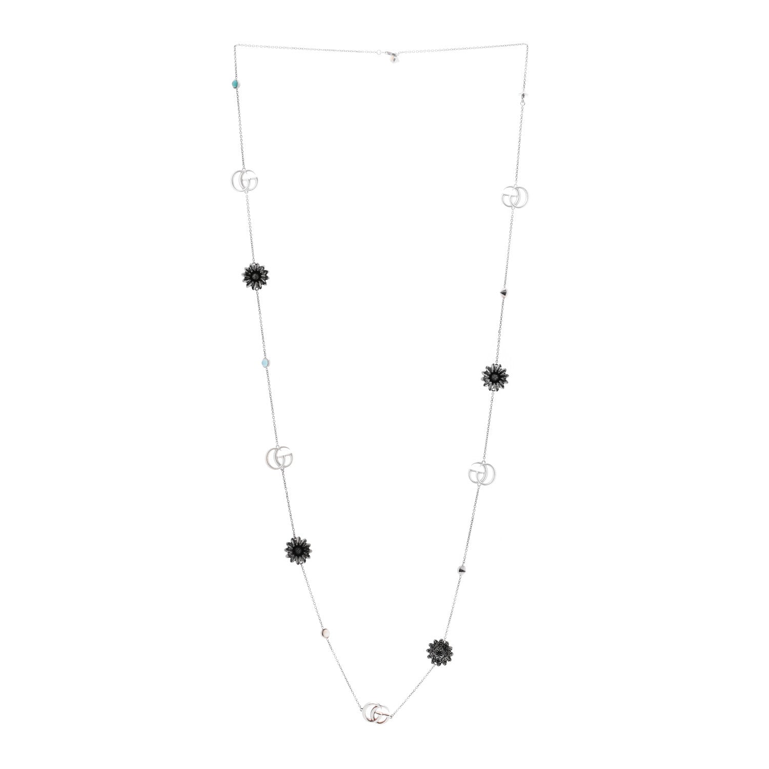 Gucci Sterling Silver Mother of Pearl Topaz Turquoise GG Marmont Flower Station Necklace 3 of 5