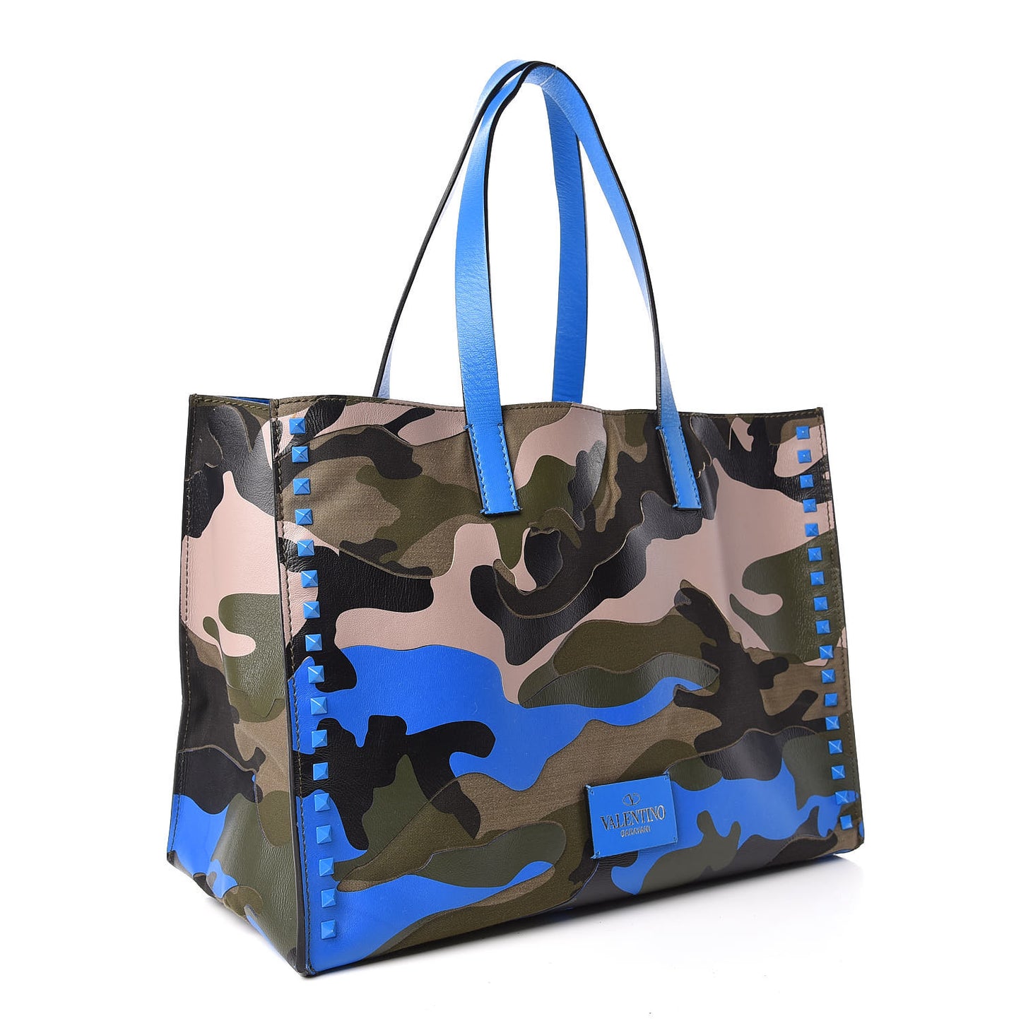Nappa Canvas Camo Medium Rockstud Soft Tote Blue Fluo