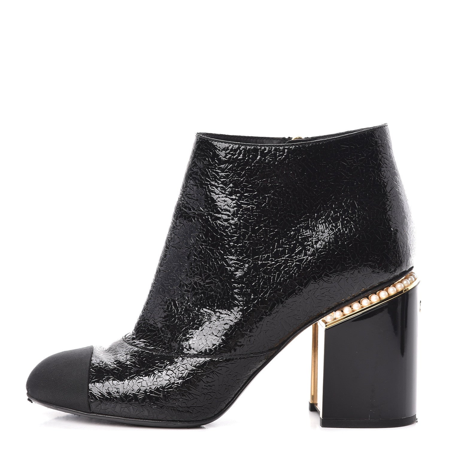 Chanel Patent Pearl Cap Toe Ankle Boots 39.5 Black 1 of 12