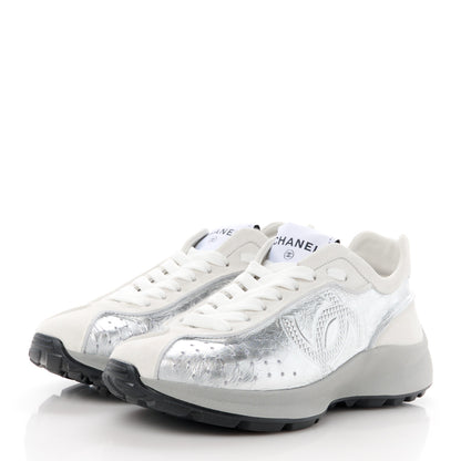Chanel Laminated Calfskin Suede CC Sneakers 37 Silver Light Grey 3 of 9