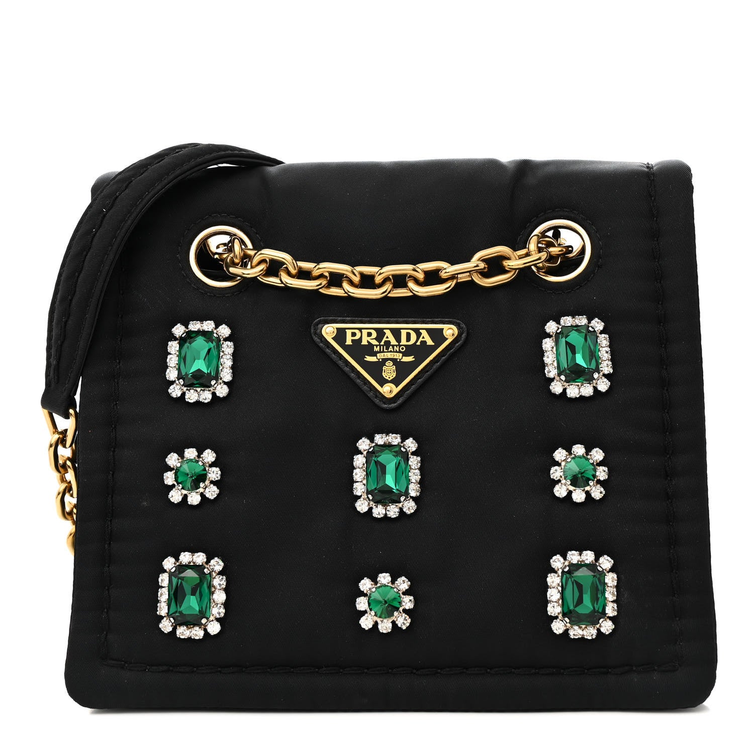 Prada Tessuto Nylon Crystal Chain Flap Shoulder Bag Black 1 of 12