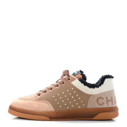 Chanel Fabric Suede Calfskin Logo Sneakers 39 Beige Black White 1 of 8